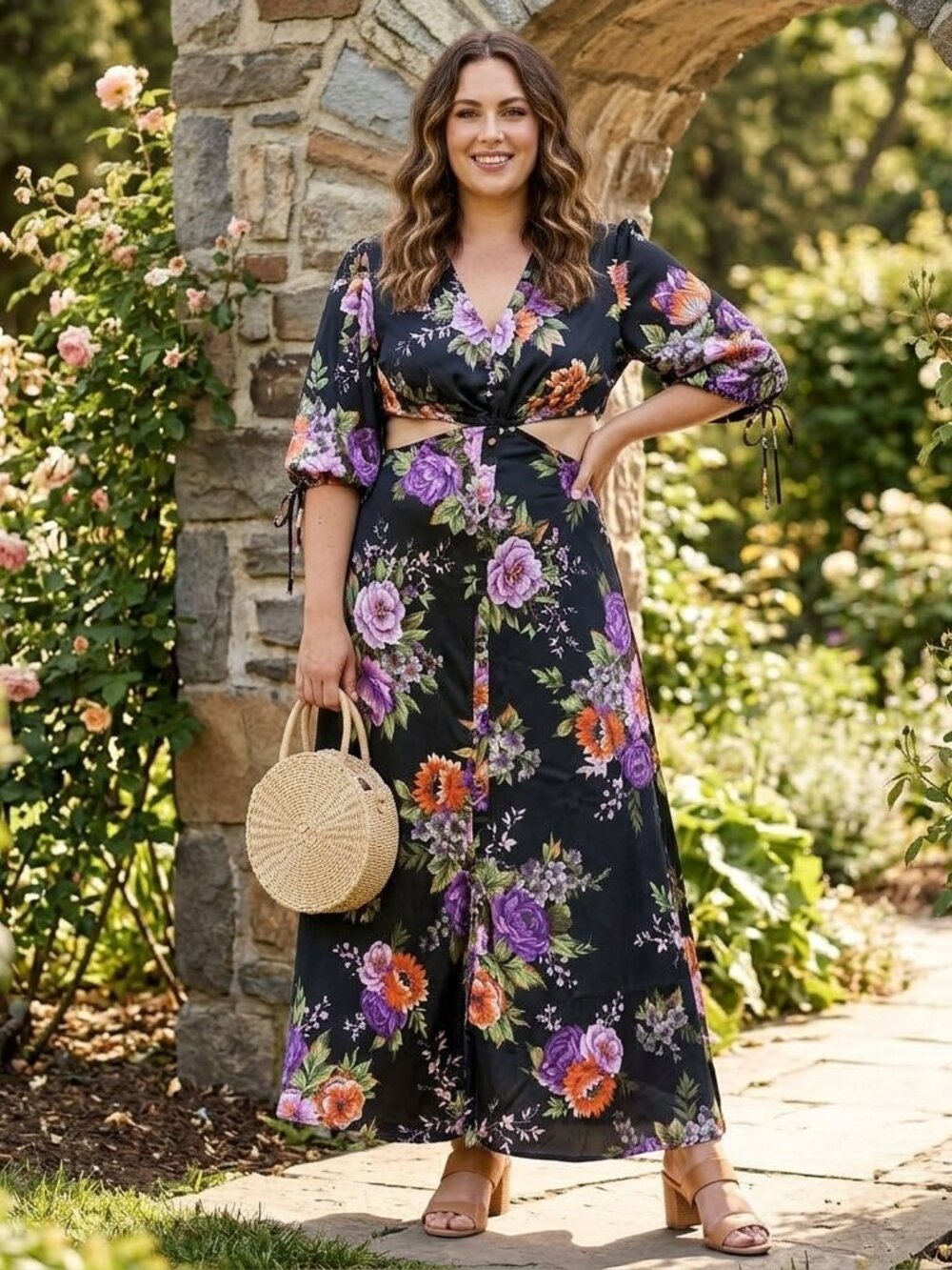 ASOS DESIGN Dark Floral Satin Cutout Tie Sleeve Maxi Dress 12